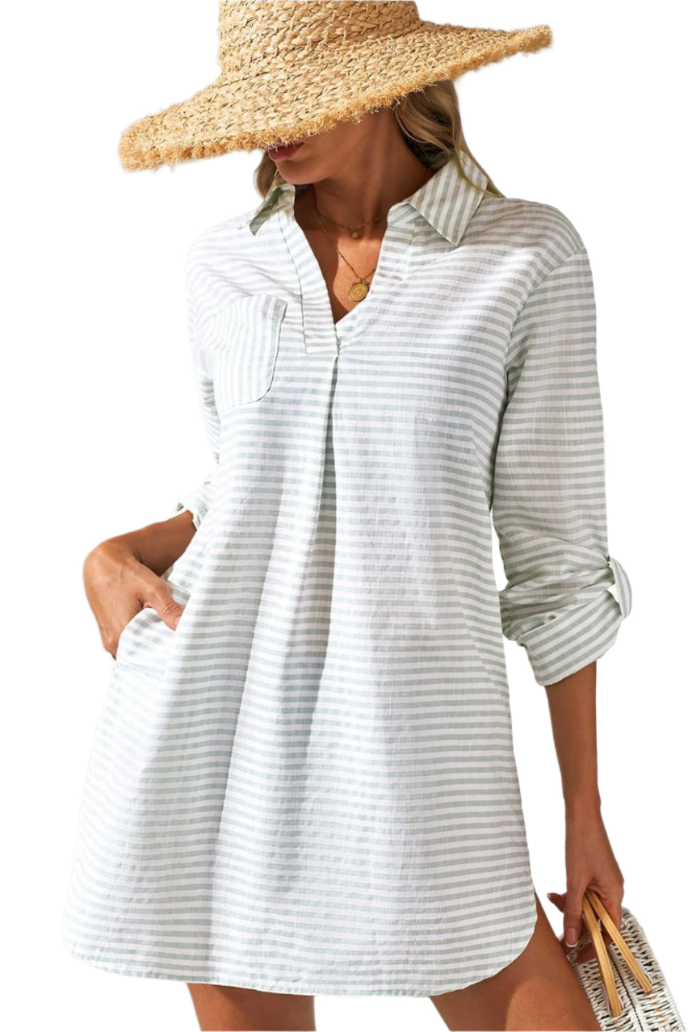 Striped Johnny Collar Long Sleeve Mini Shirt Dress - High-Quality Fashion | Chic Yana