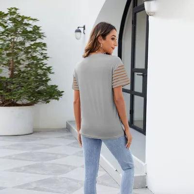 Color Block Round Neck Short Sleeve T Shirt 1 - Chic Yana's Fashion