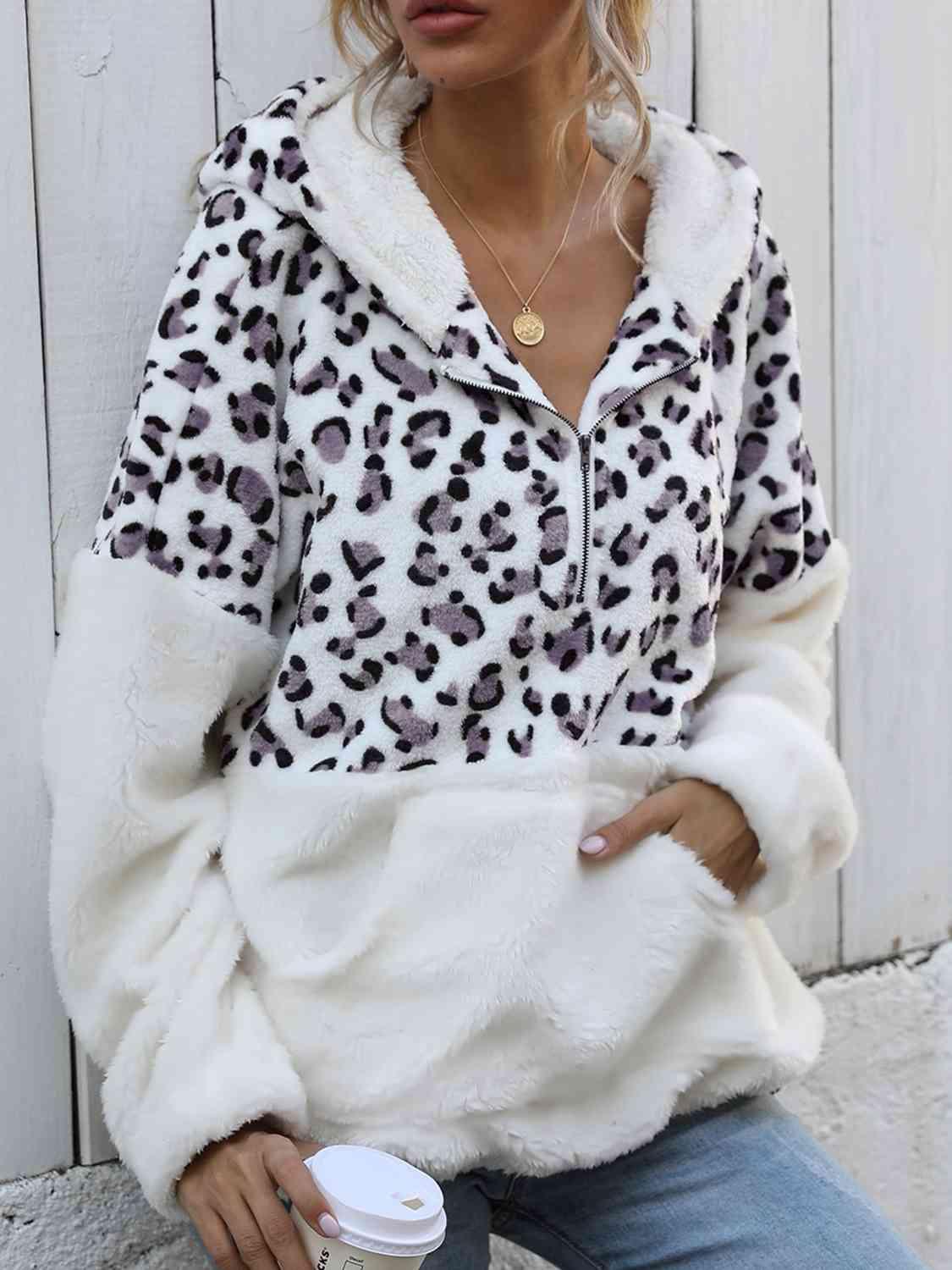 Shiny Leopard Half Zip Dropped Shoulder Hoodie - Chic Yana's Fashion