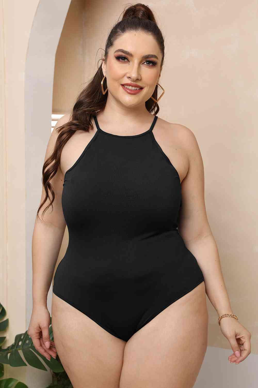 Plus Size Halter Neck Spaghetti Strap Bodysuit - Chic Yana's Fashion