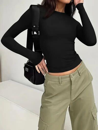 Solid Color Round Neck Long Sleeve T Shirt - Chic Yana's Fashion