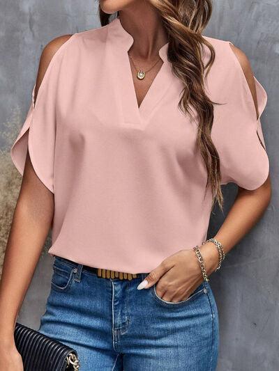 Notched Cold Shoulder Half Sleeve Blouse - Chic Yana's Fashion