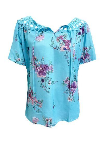 Full Size Printed Tie Neck Short Sleeve Blouse - Chic Yana's Fashion