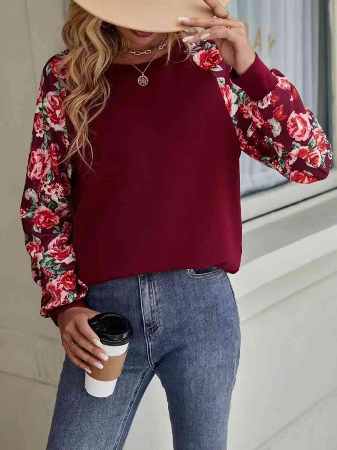 Floral Raglan Sleeve Round Neck Sweatshirt - Chic Yana's Fashion