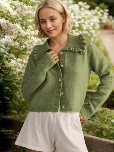 Frill Button Up Collared Neck Long Sleeve Cardigan - Chic Yana's Fashion