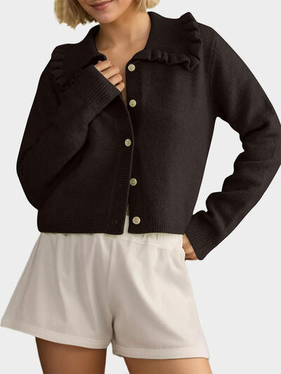 Frill Button Up Collared Neck Long Sleeve Cardigan - Chic Yana's Fashion