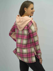 Shiny Plaid Drawstring Drop Shoulder Slit Hoodie - Chic Yana's Fashion