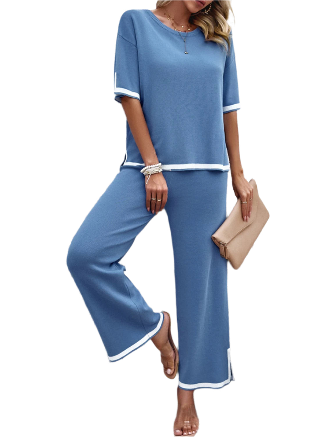 Devine Contrast Trim Round Neck Top and Pants Set – Chic Yana’s Fashion