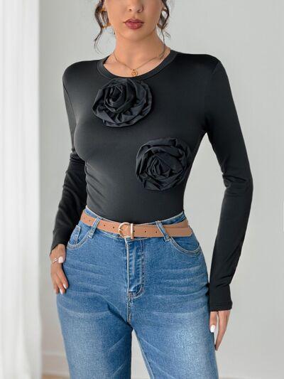 Perfee Flower Round Neck Long Sleeve Bodysuit - Chic Yana's Fashion