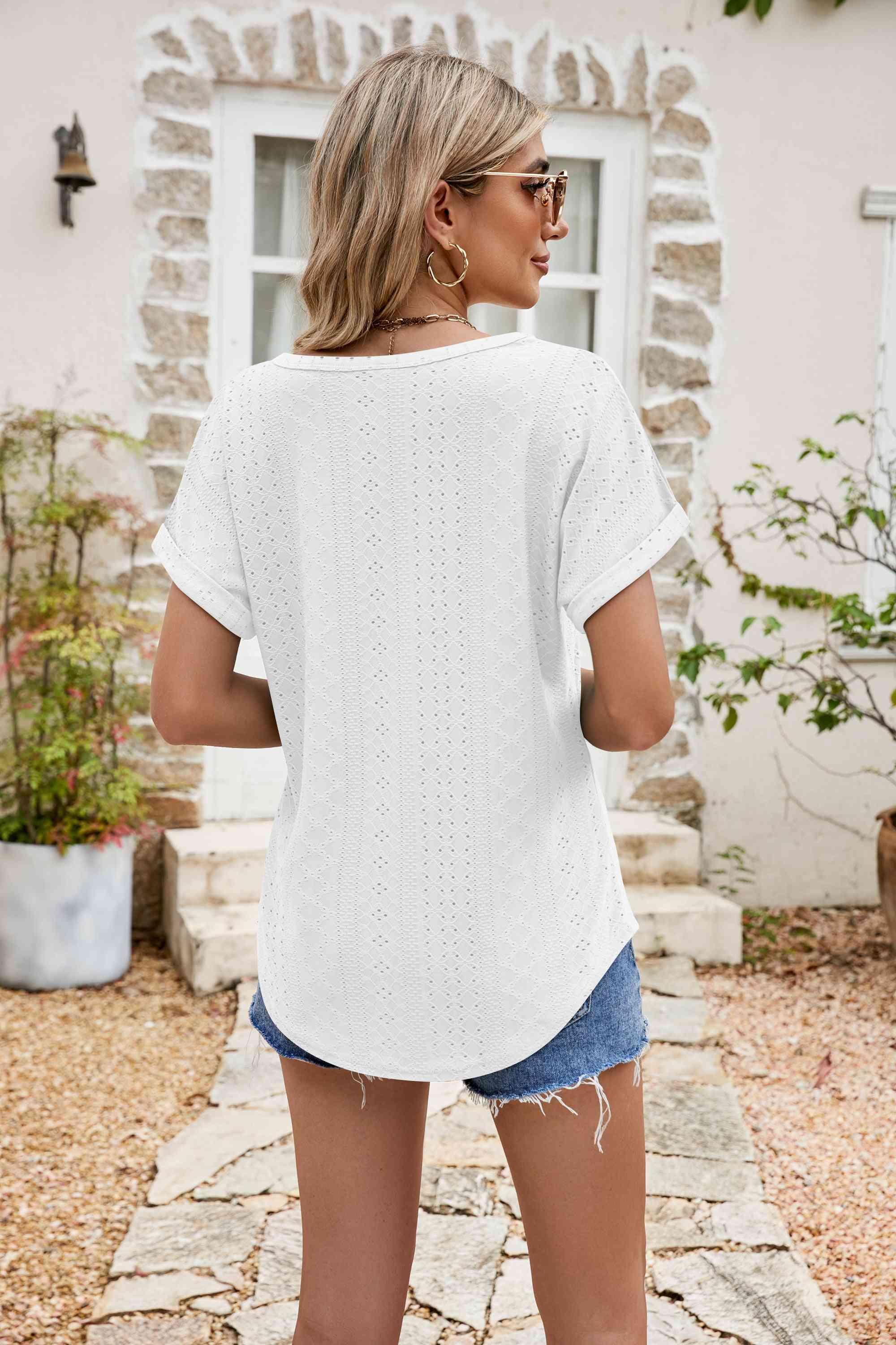 Full Size Round Neck Eyelet Short Sleeve Top - Chic Yana's Fashion