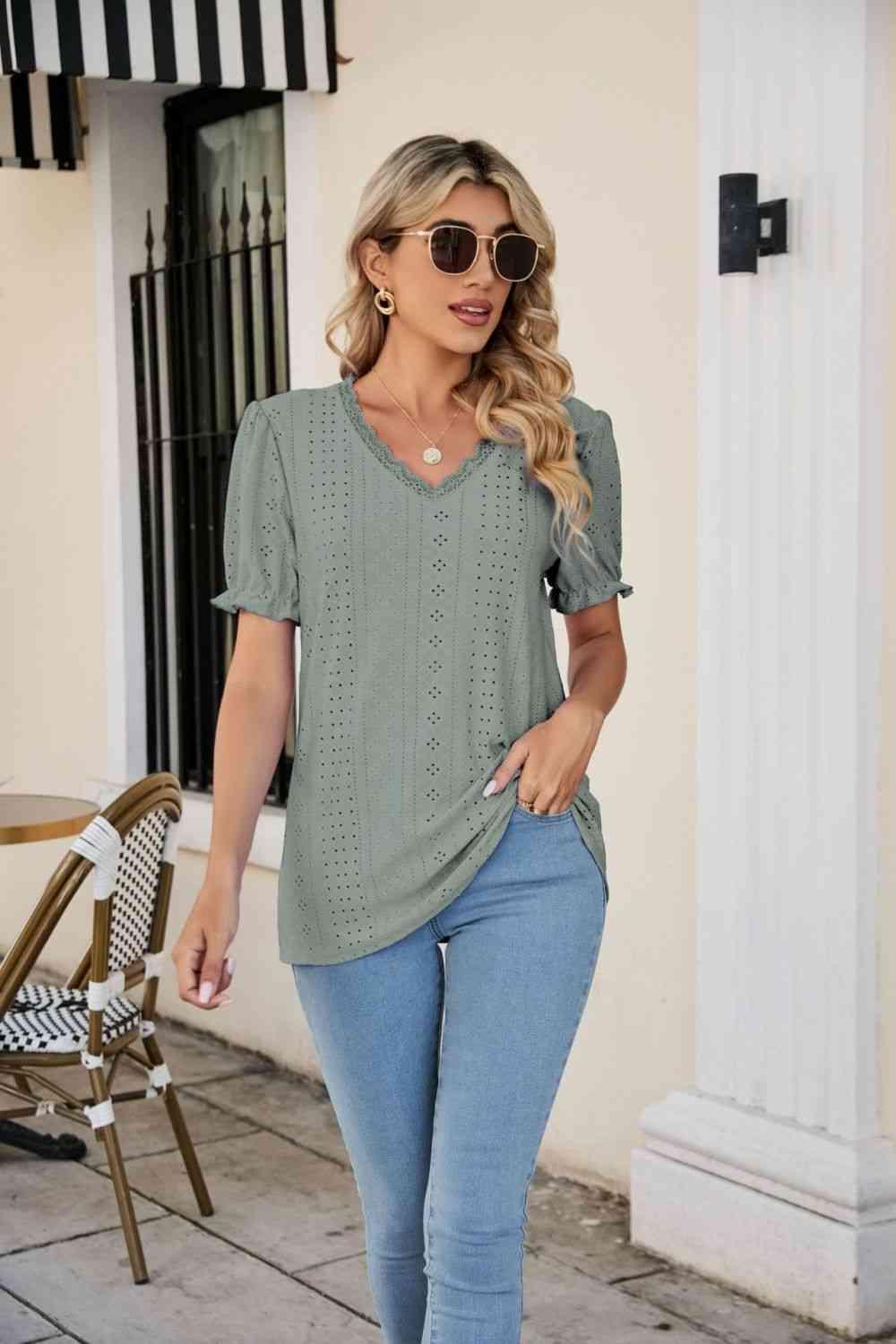 Eyelet Flounce Sleeve Scalloped V Neck Top - Chic Yana's Fashion