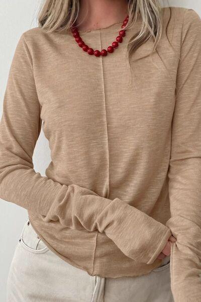 Lettuce Hem Round Neck Long Sleeve T Shirt - Chic Yana's Fashion