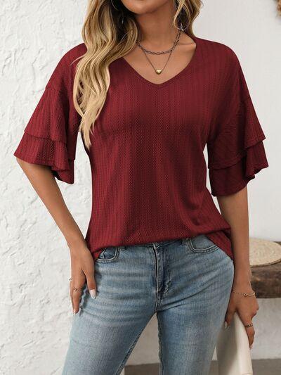 Mandy V Neck Ruffle Half Sleeve Top - Chic Yana's Fashion