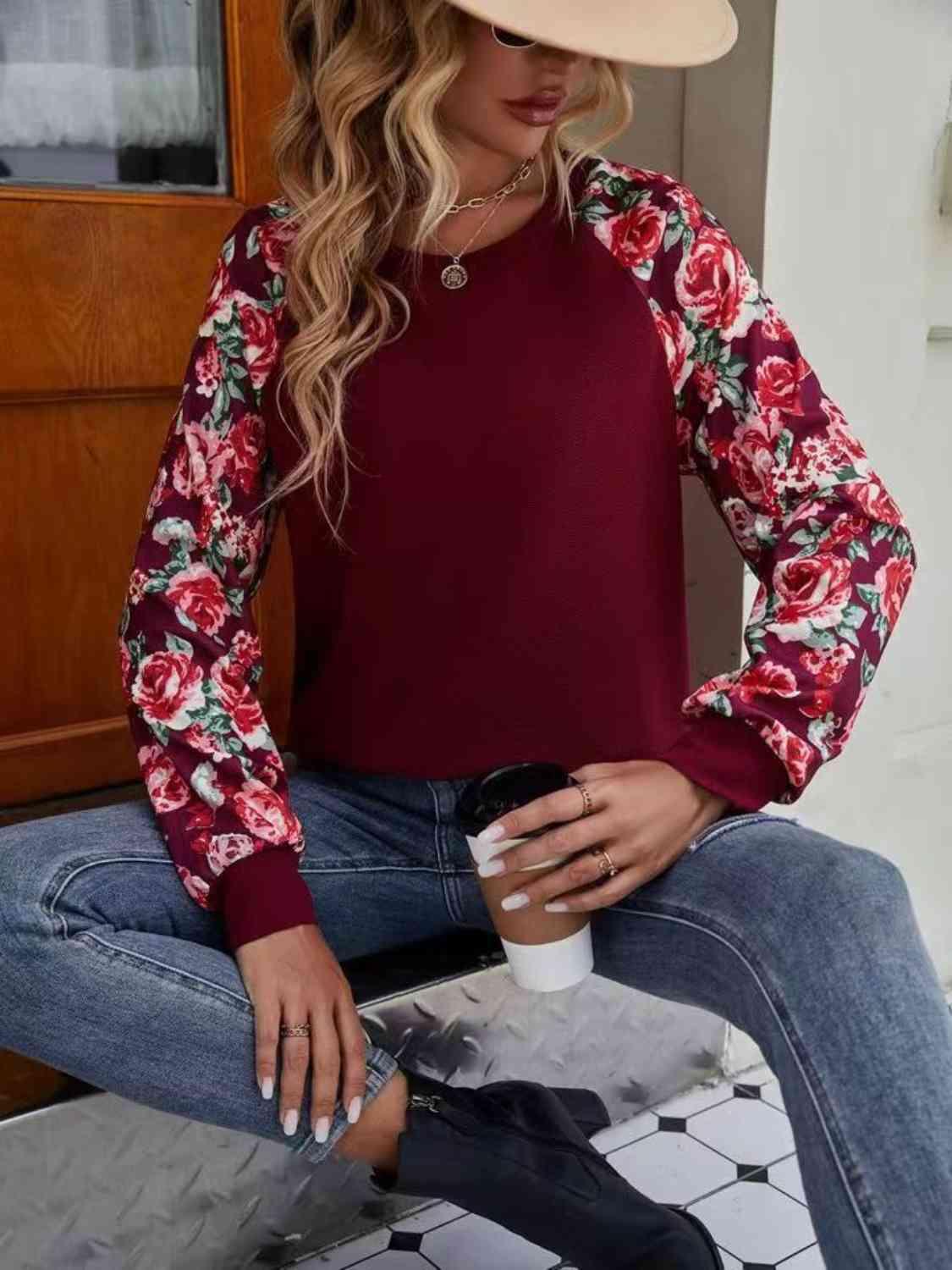 Floral Raglan Sleeve Round Neck Sweatshirt - Chic Yana's Fashion