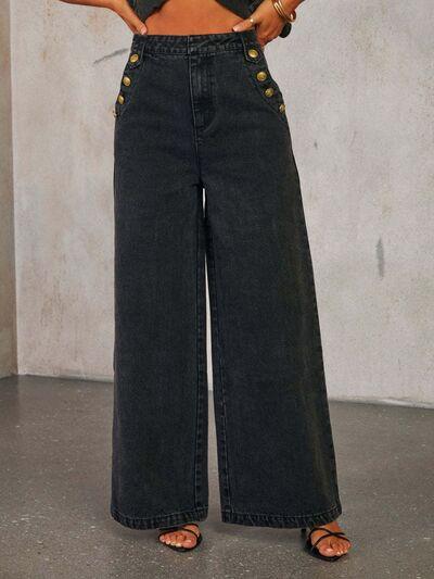 Button Decor High Rise Wide Leg Jeans - Chic Yana's Fashion