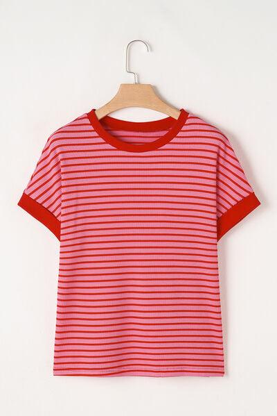 Contrast Striped Round Neck Short Sleeve T Shirt - Chic Yana's Fashion