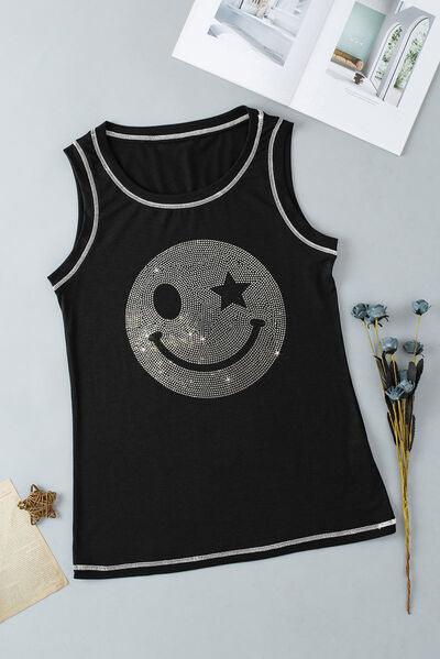 Rhinestone Smile Face Round Neck Tank - Chic Yana's Fashion