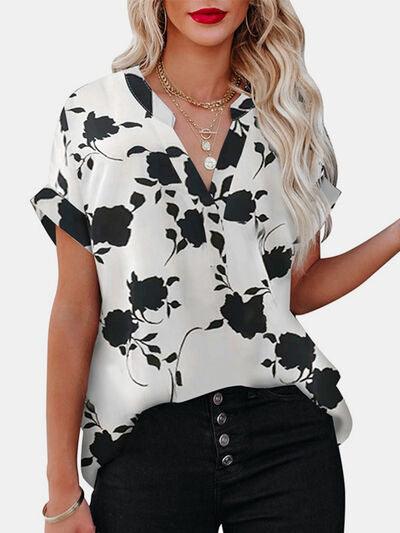 Full Size Printed Notched Short Sleeve Blouse - Chic Yana's Fashion