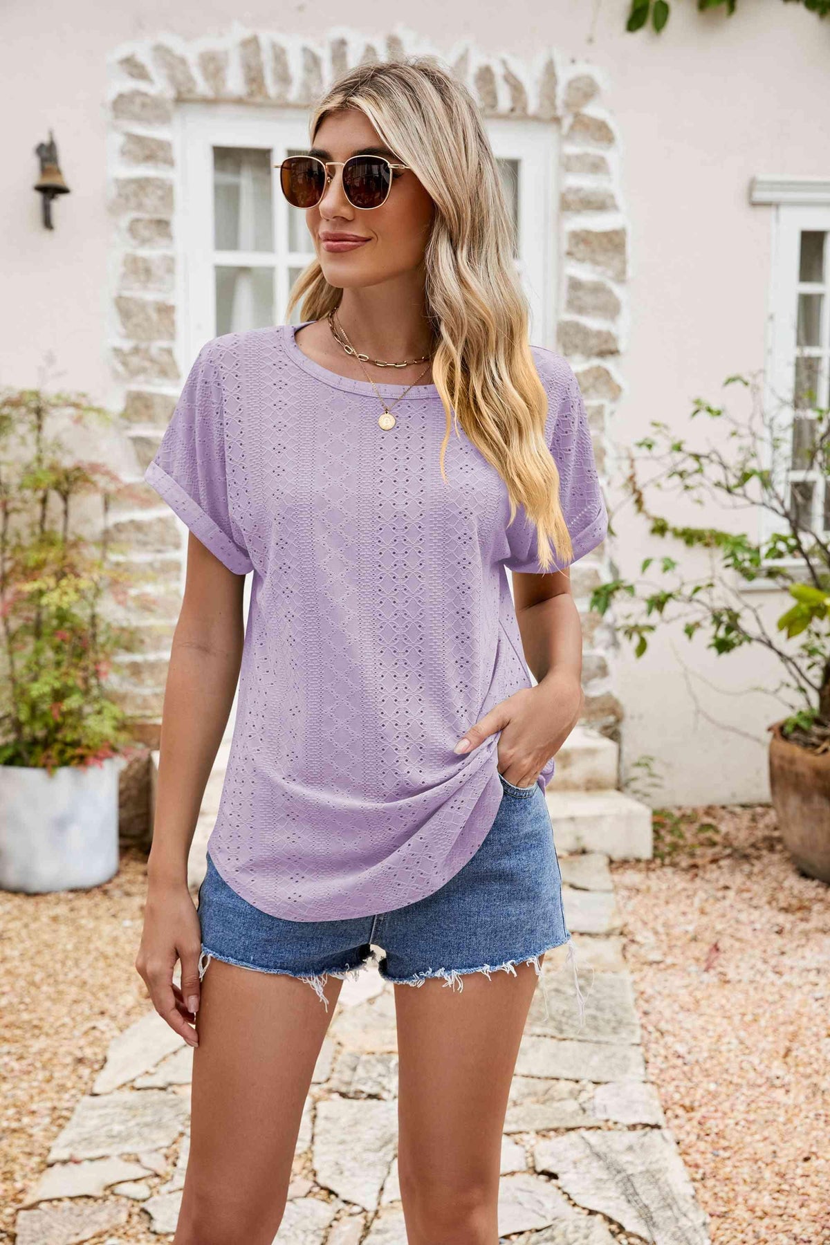 Full Size Round Neck Eyelet Short Sleeve Top - Chic Yana's Fashion