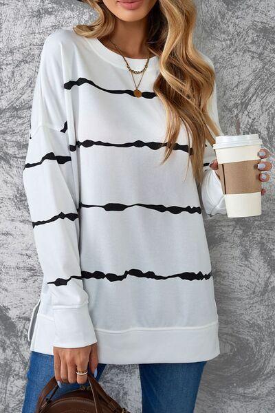 Slit Contrast Striped Round Neck Long Sleeve T Shirt - Chic Yana's Fashion