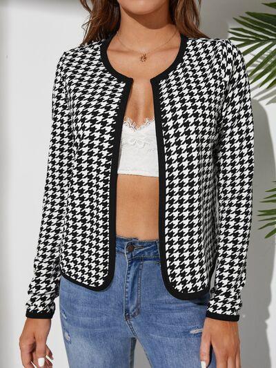 Houndstooth Open Front Long Sleeve Jacket 1 - Chic Yana's Fashion