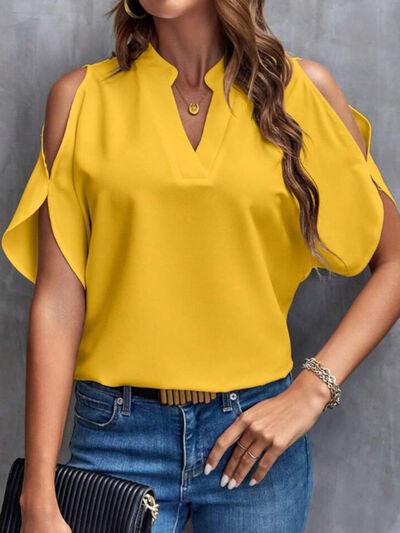 Notched Cold Shoulder Half Sleeve Blouse - Chic Yana's Fashion