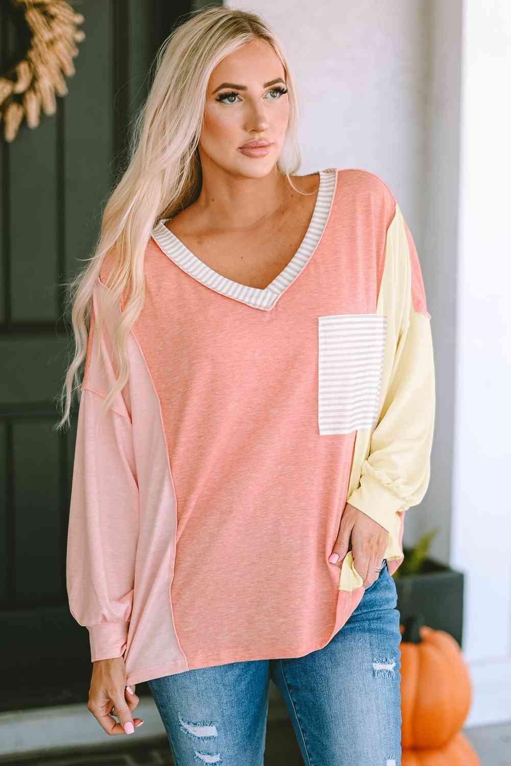 Color Block V Neck Dropped Shoulder Sweatshirt With Pocket - Chic Yana's Fashion