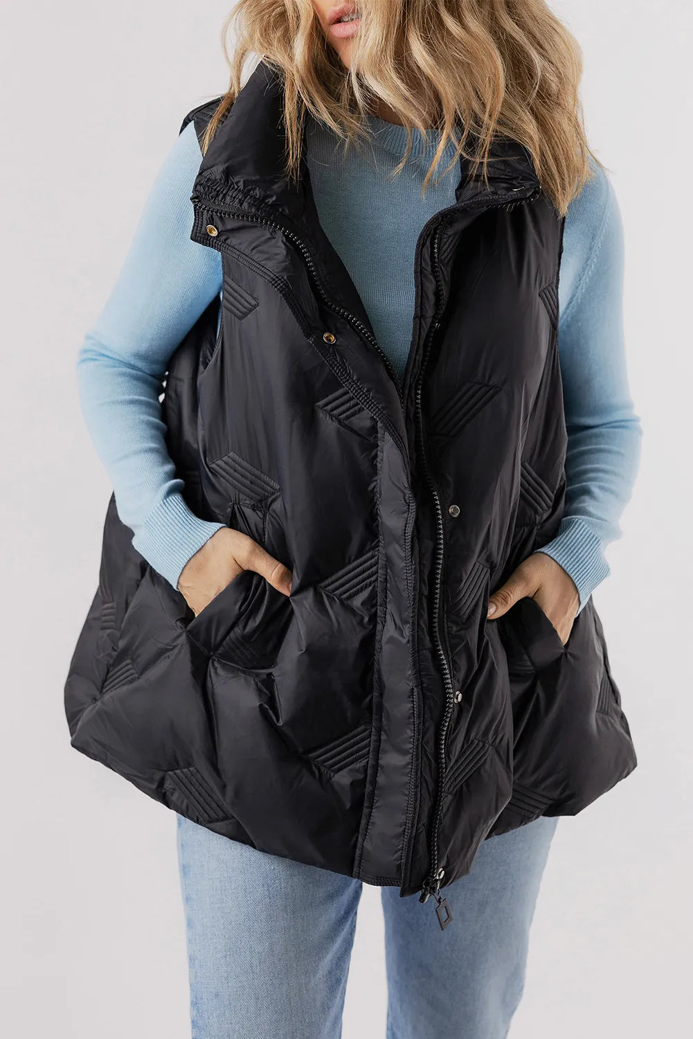Pocketed Textured Zip Up Vest Coat - Chic Yana’s Fashion