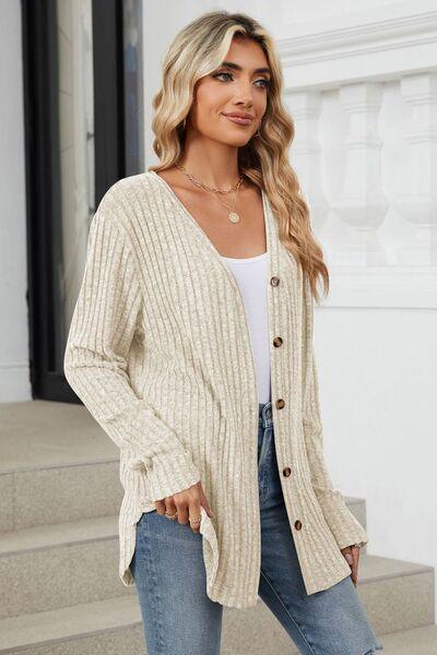 Ribbed Button Up Long Sleeve Cardigan - Chic Yana's Fashion