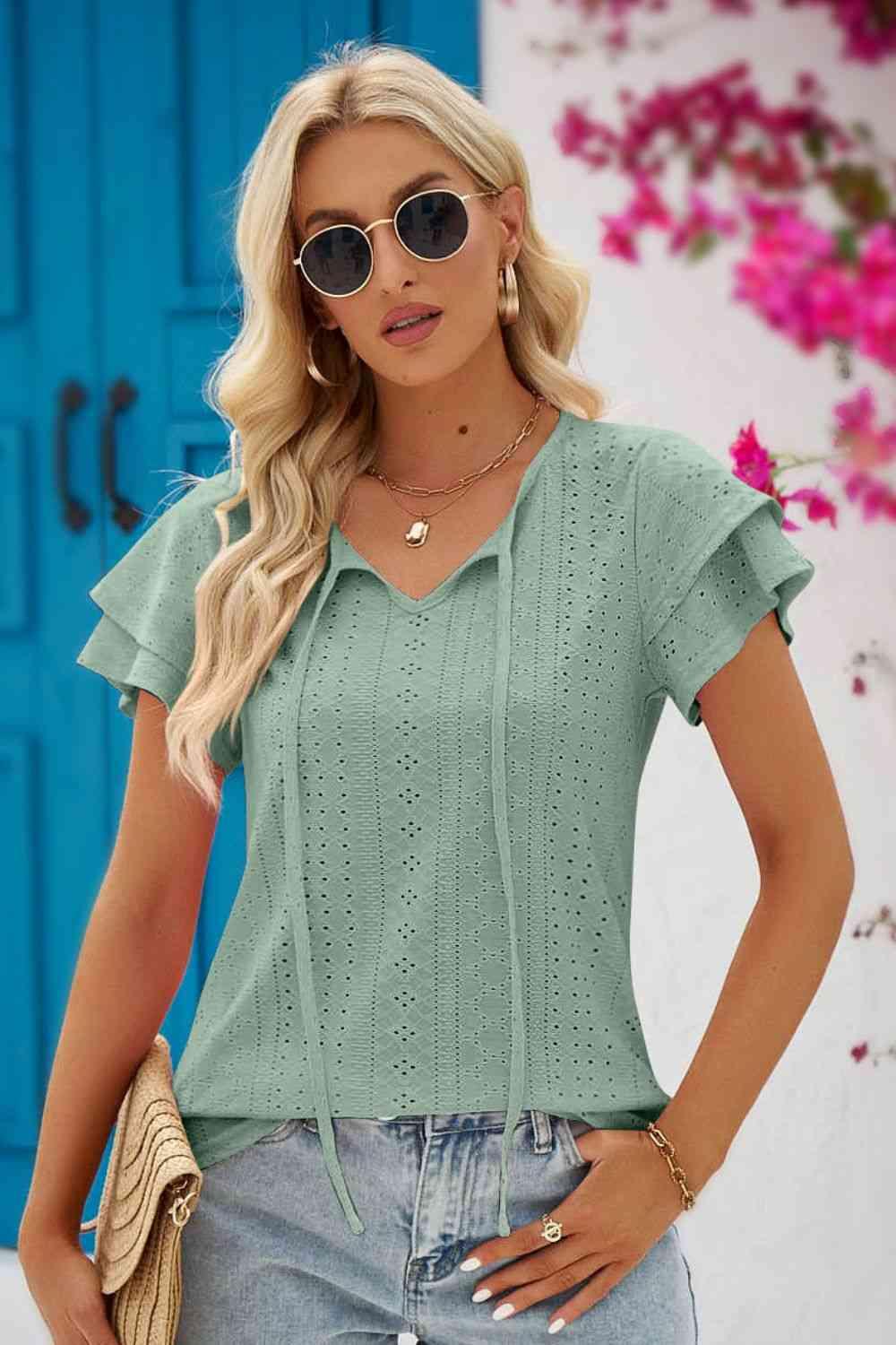 Mandy Eyelet Tie Neck Flutter Sleeve Blouse - Chic Yana's Fashion