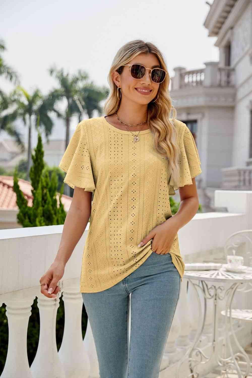 Eyelet Flutter Sleeve Round Neck Top - Chic Yana's Fashion