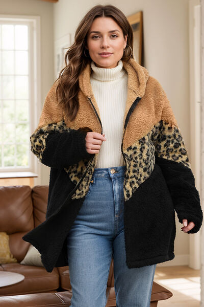 Plus Size Leopard Zip Up Hooded Outerwear - Chic Yana's Fashion