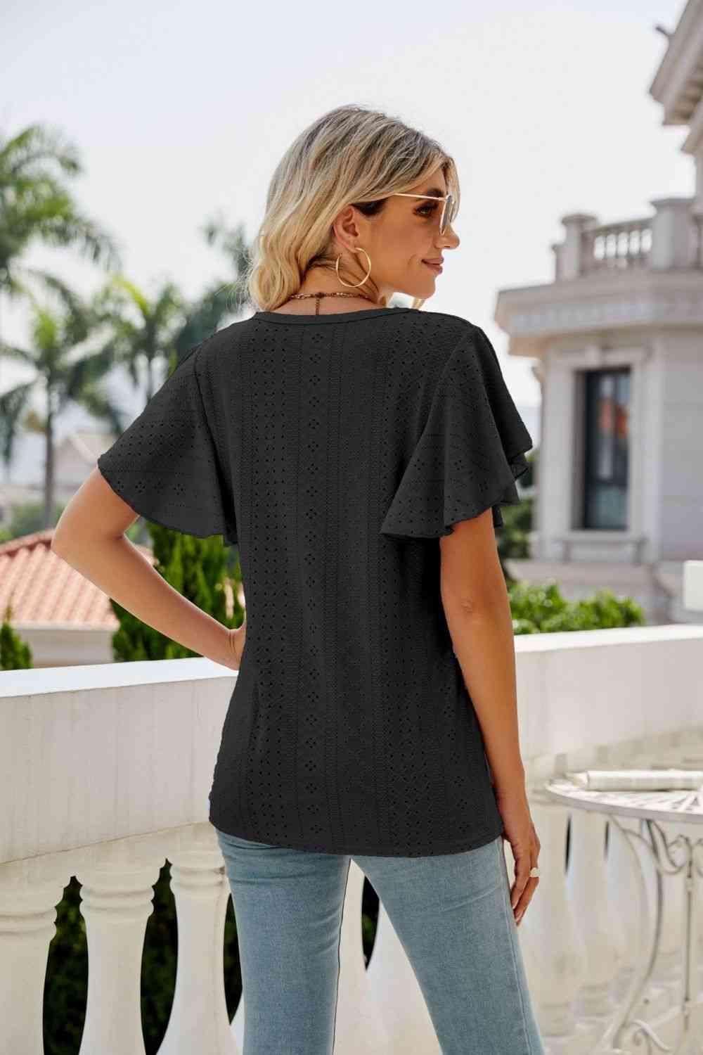 Eyelet Flutter Sleeve Round Neck Top - Chic Yana's Fashion