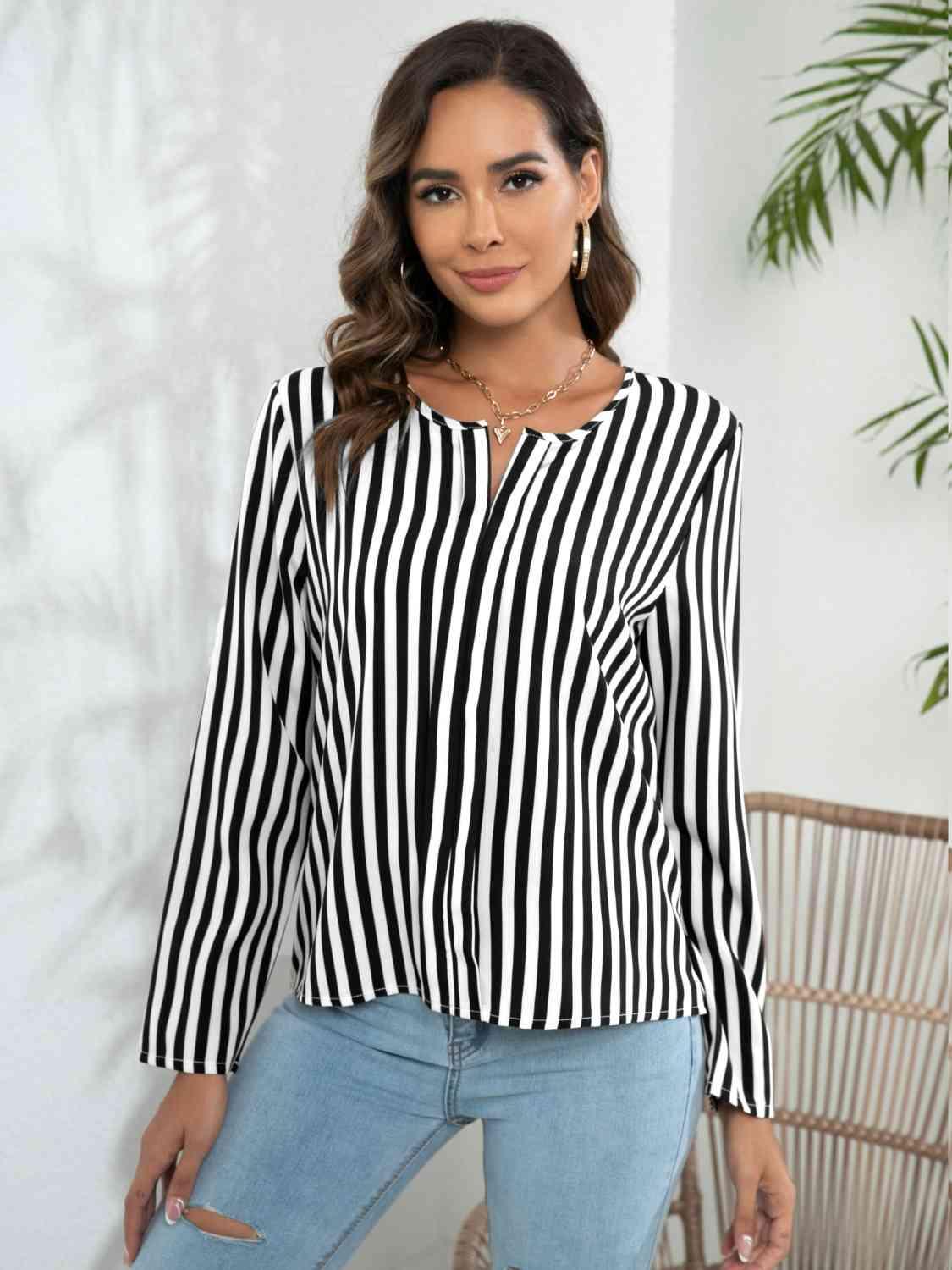 Striped Long Sleeve Notched Blouse - Chic Yana's Fashion