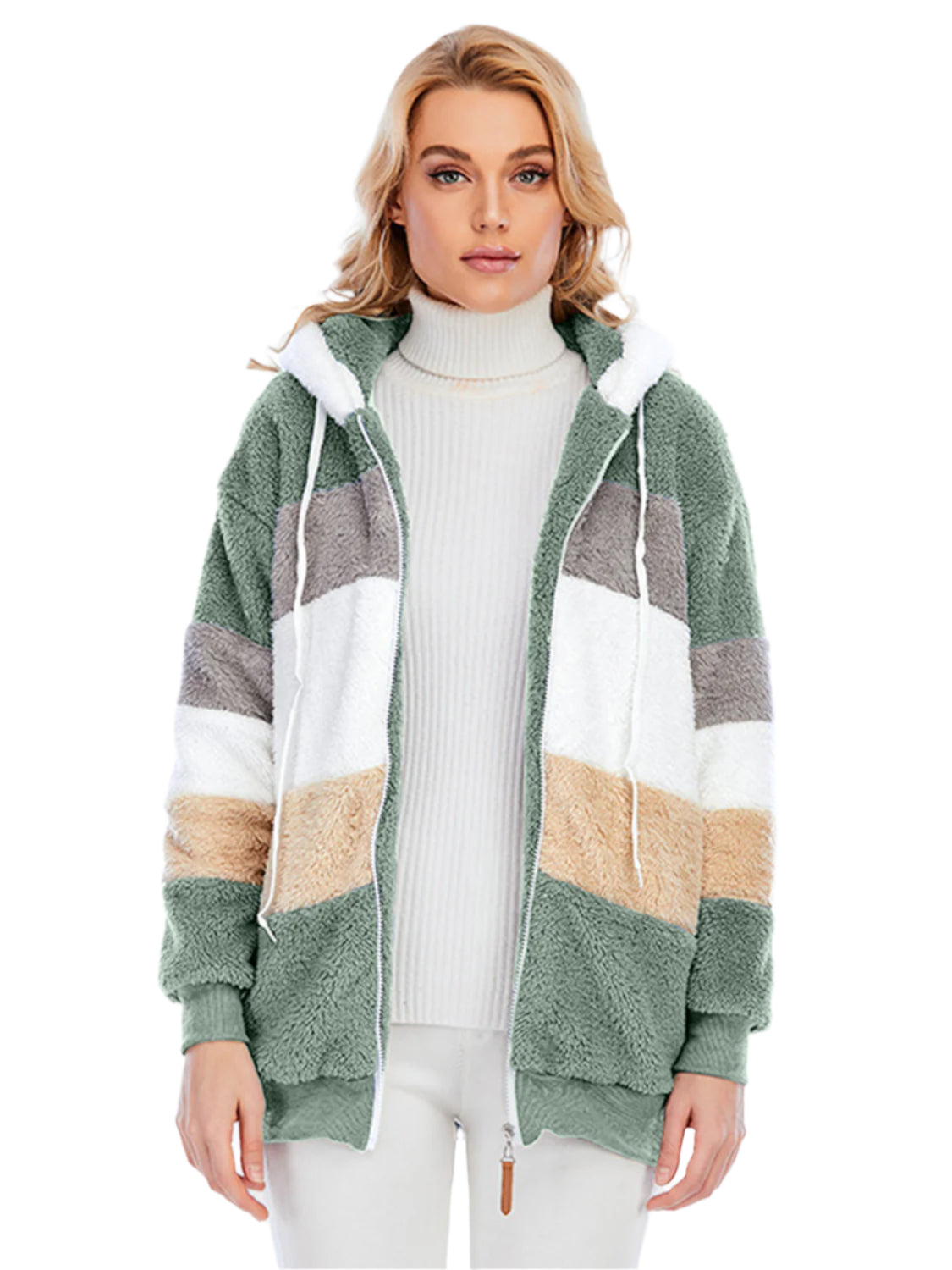 Full Size Drawstring Color Block Zip Up Hooded Outerwear - Chic Yana’s Fashion
