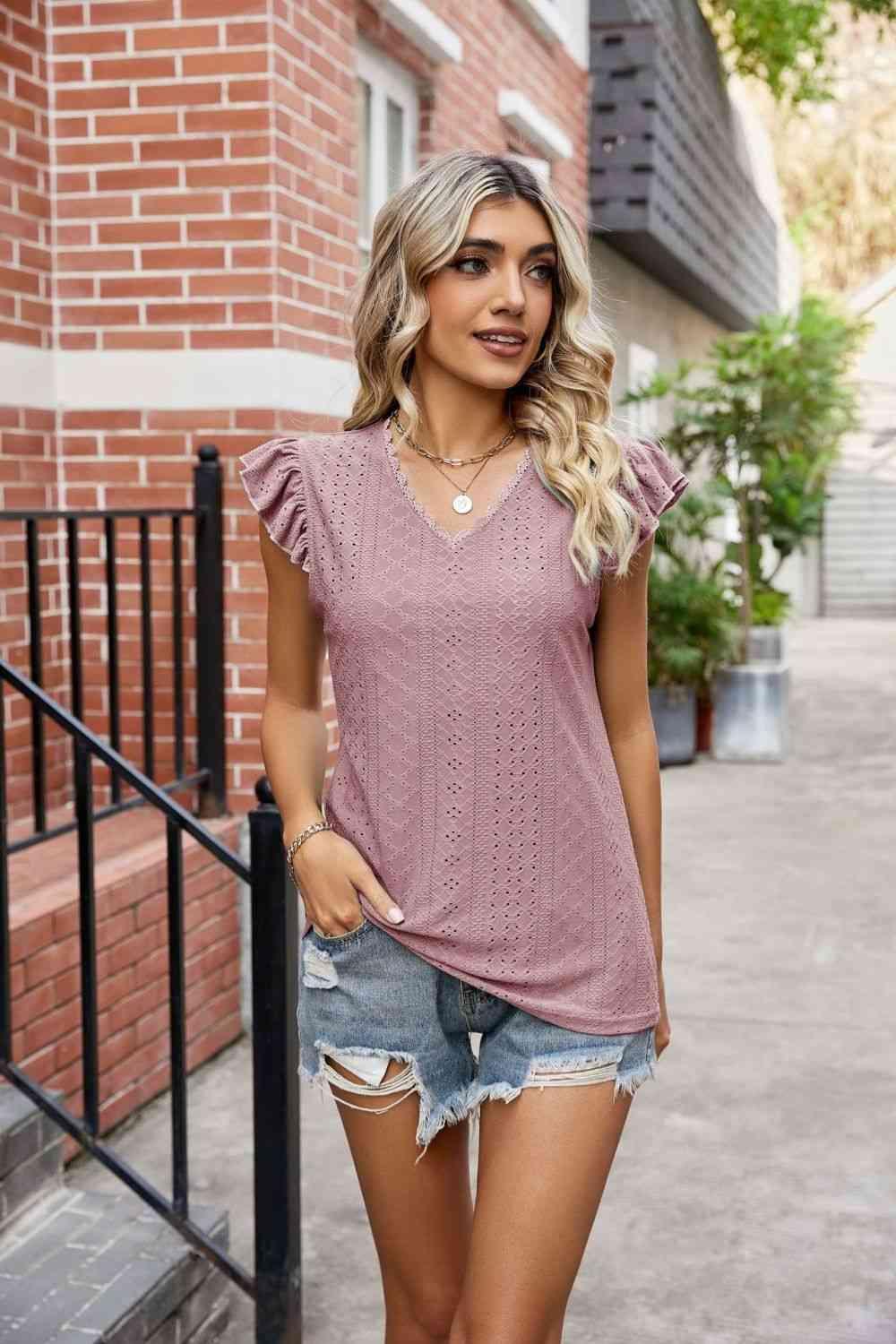 Eyelet Flutter Sleeve Scalloped V Neck Top - Chic Yana's Fashion