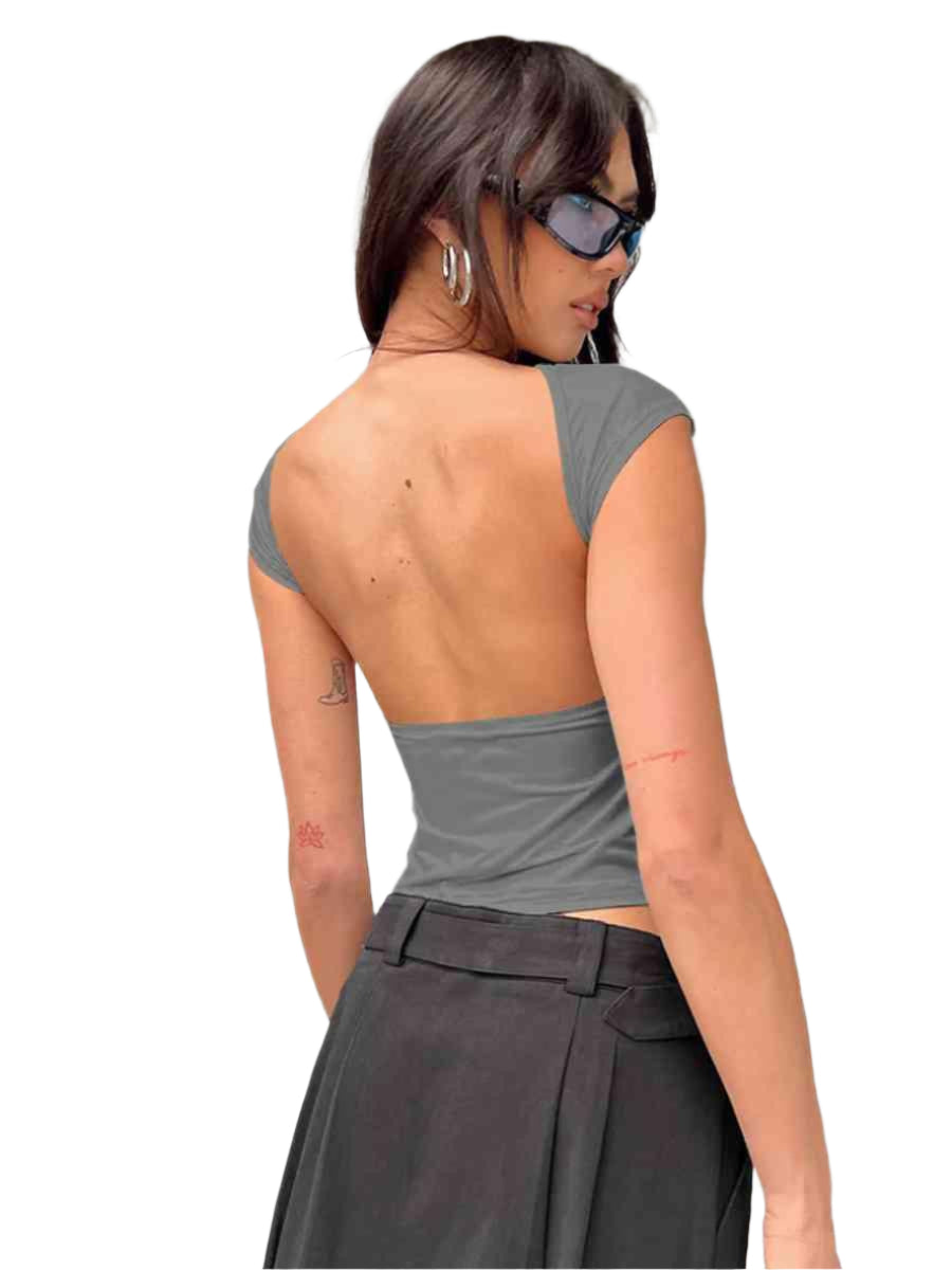 Backless Short Sleeve Cropped Blouse - Chic Yana's Fashion