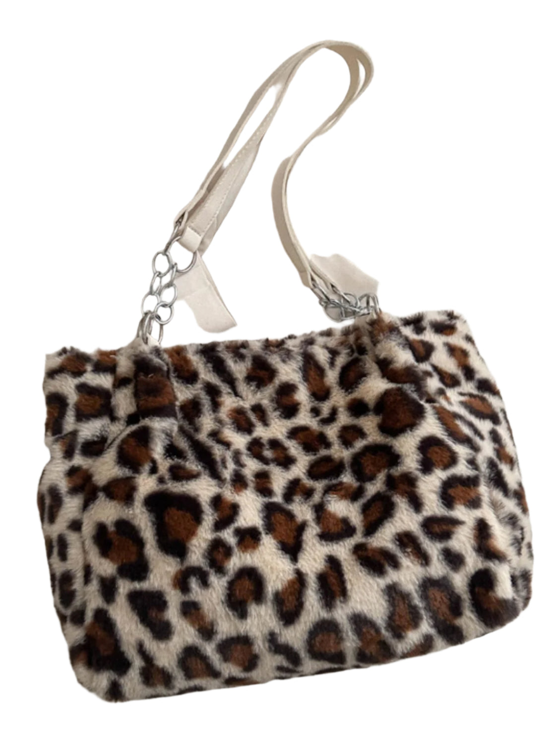 Model wearing Faux Fur Leopard Shoulder Bag – A trendy and elegant Accessories.