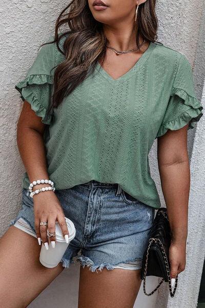 Plus Size Eyelet V Neck Petal Sleeve Blouse - Chic Yana's Fashion