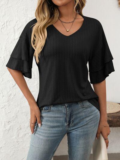 Mandy V Neck Ruffle Half Sleeve Top - Chic Yana's Fashion