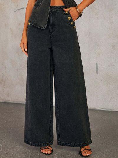 Button Decor High Rise Wide Leg Jeans - Chic Yana's Fashion