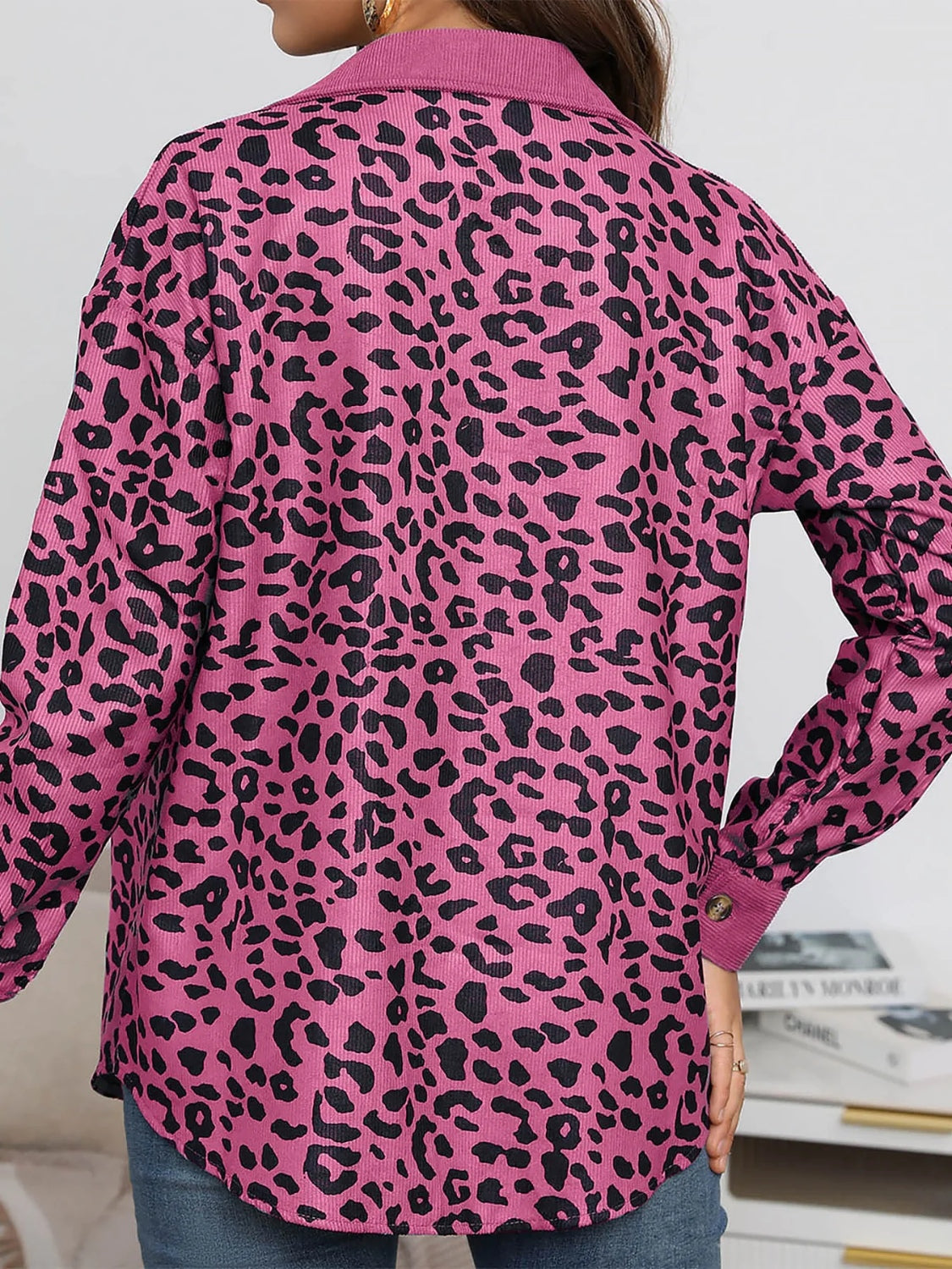 Flattering fit and modern design make the Full Size Leopard Collared Neck Button Up Long Sleeve Jacket a standout piece.