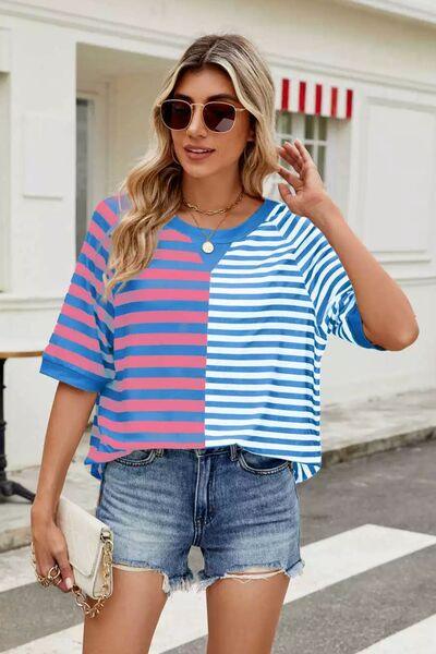 Striped Round Neck Half Sleeve T Shirt - Chic Yana's Fashion