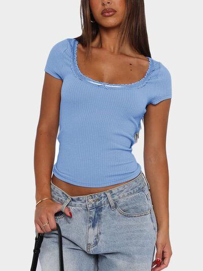 Lace Detail Scoop Neck Short Sleeve T Shirt - Chic Yana's Fashion