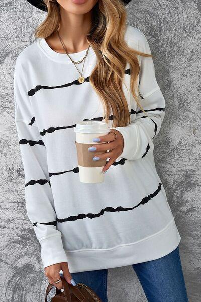 Slit Contrast Striped Round Neck Long Sleeve T Shirt - Chic Yana's Fashion