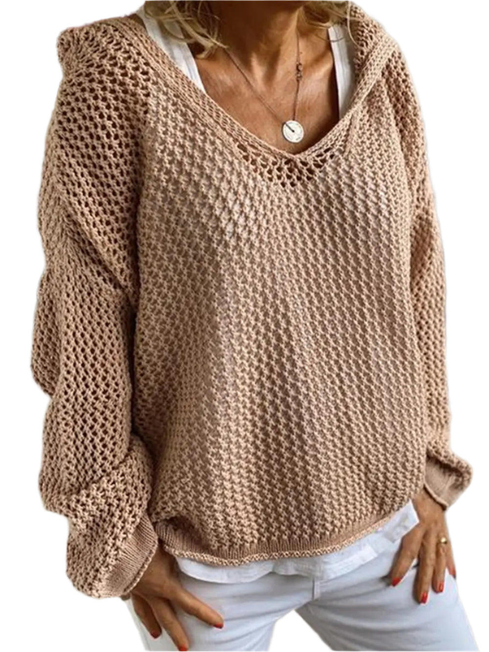 Openwork Hooded Long Sleeve Sweater – stylish women's fashion from Chic Yana's Fashion