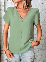 Swiss Dot V Neck Petal Sleeve Blouse - Chic Yana's Fashion