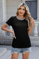 Contrast Trim Round Neck Short Sleeve T Shirt - Chic Yana's Fashion