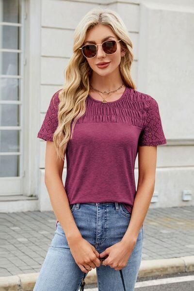 Smocked Round Neck Short Sleeve T Shirt 1 - Chic Yana's Fashion