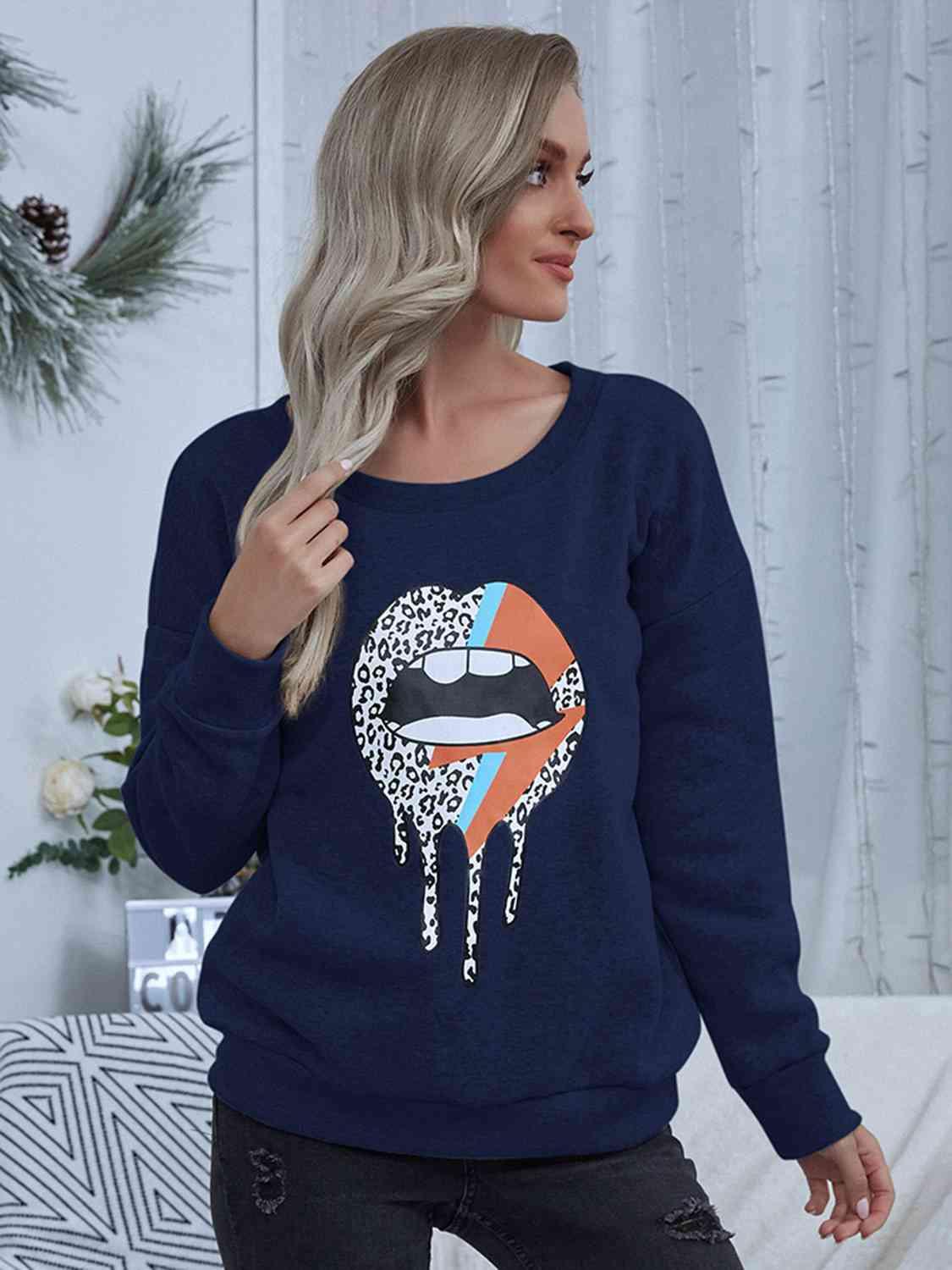 Shiny Lip Graphic Round Neck Sweatshirt - Chic Yana's Fashion